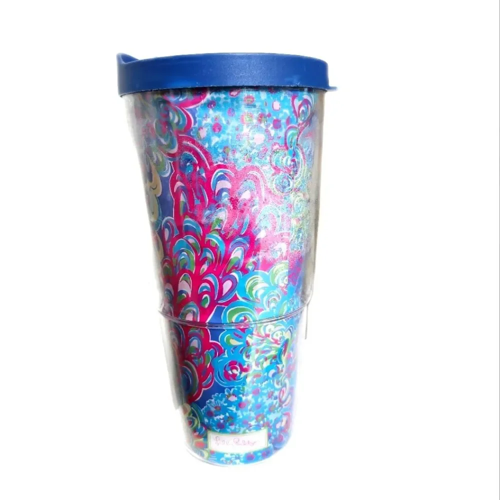 Lilly Pulitzer blue, green & hot pink double barrel Tervis Tumbler hot/cold cup